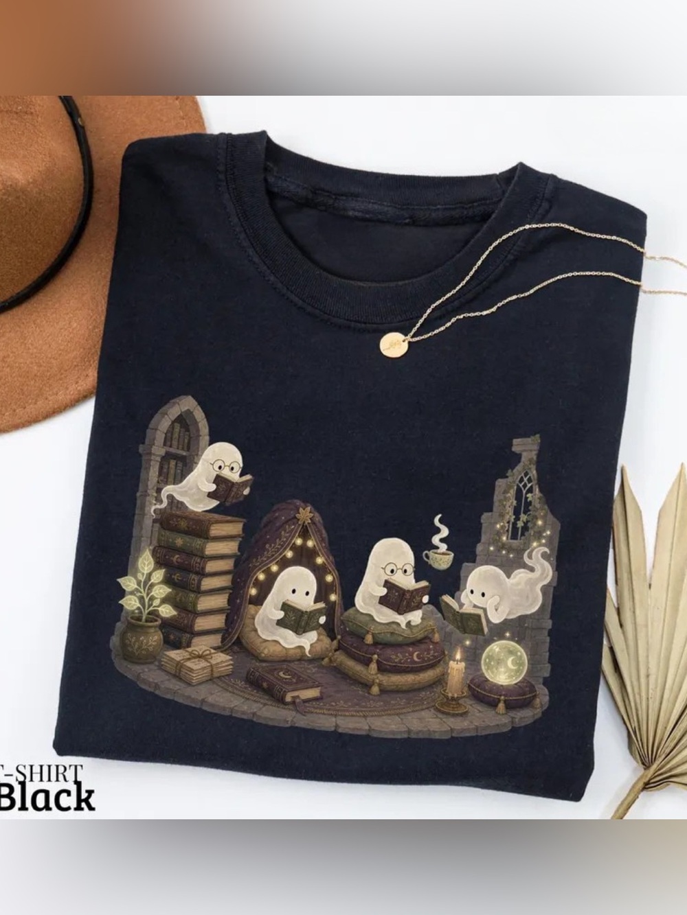 Comfort Colors Black Tee, Ghost Reading Graphic, Illustration Vintage Shirt